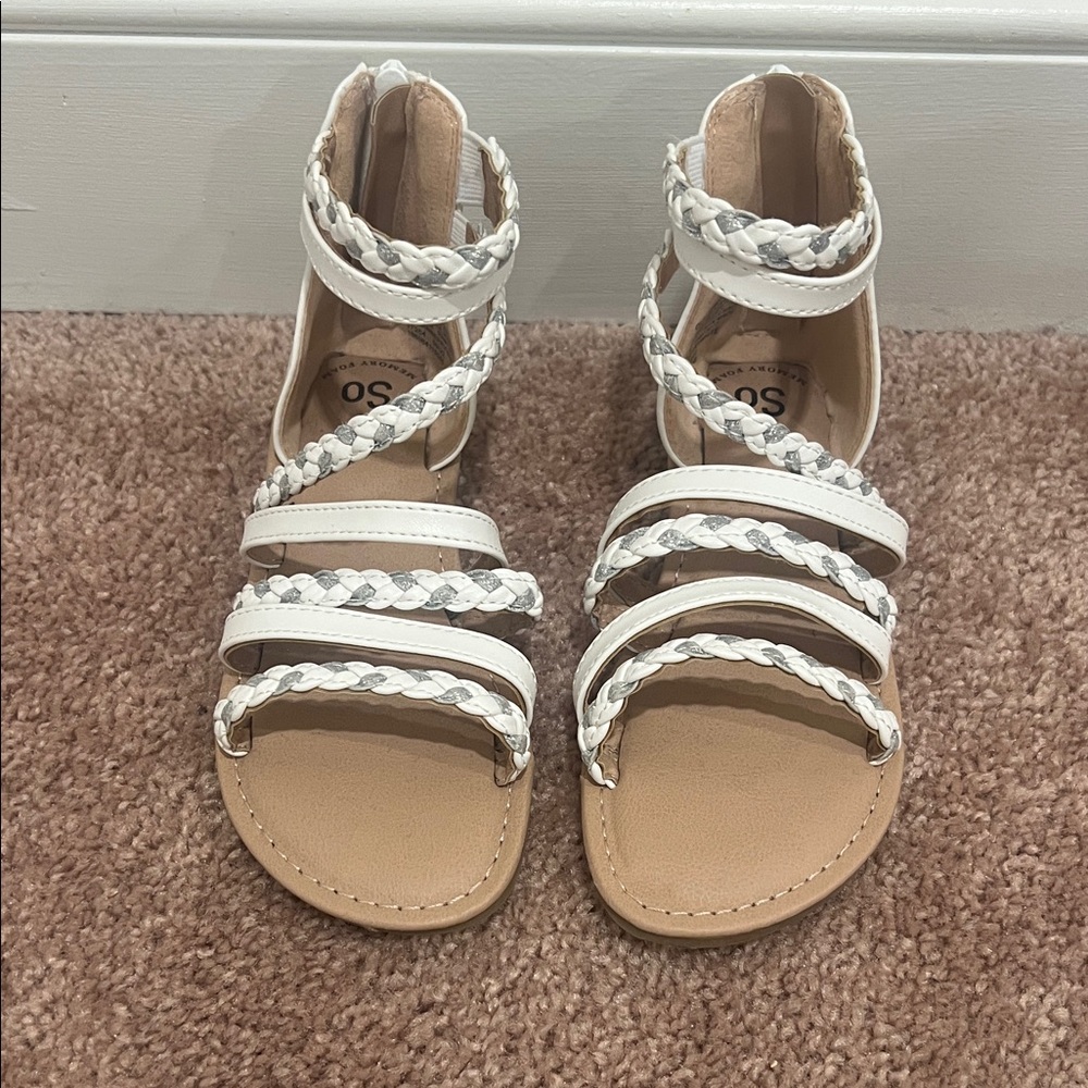 SO White Braided Strappy Kids Sandals with Tan Footbed